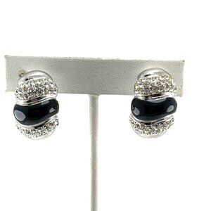 Vintage Silver Tone Black Enamel Rhinestone Clip On Earrings Retro Jewelry